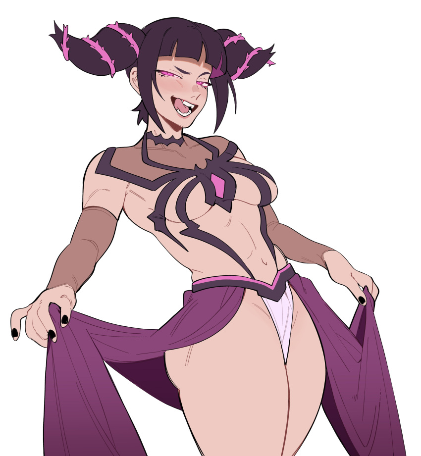 1girls big_ass black_hair capcom cleavage female female_only juri_han licking_teeth nail_polish painted_nails pink_eyes porqueloin sharp_teeth street_fighter thick_thighs underboob wide_hips