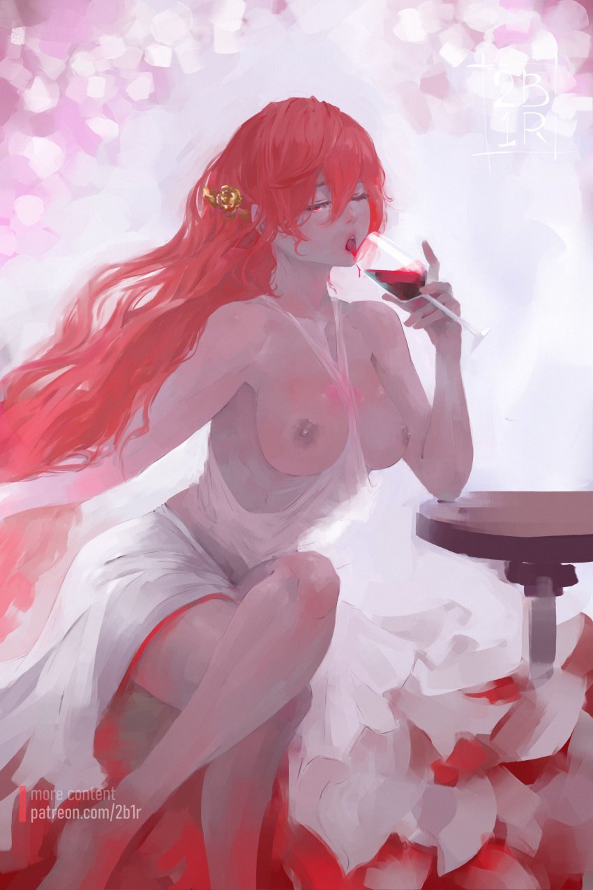 2bells1ravine artistic_nudity bellybutton breasts closed_eye dress hair_between_eyes hair_ornament himeko_(honkai:_star_rail) holding_wine_glass honkai:_star_rail honkai_(series) legs legs_crossed licking long_hair medium_breasts nipples painting_artwork red_hair shirt tongue_out topless wine wine_glass