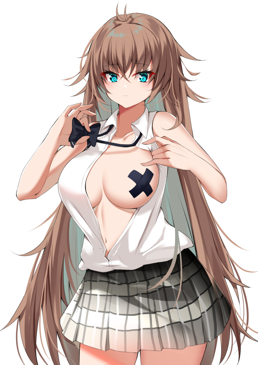 1girls absurdres aqua_eyes azur_lane bandaid bandaids_on_nipples bangs big_breasts black_bow black_bowtie black_pasties blouse bow bowtie breasts brown_hair catnnn cleavage collared_shirt cowboy_shot crossed_bandaids crossed_bangs eyebrows_visible_through_hair female female_only grey_skirt hair_between_eyes highres impero_(azur_lane) impero_(languid_librarian)_(azur_lane) large_breasts long_hair looking_at_viewer loose_bowtie miniskirt official_alternate_costume one_breast_out open_clothes open_shirt pasties plaid plaid_skirt sardegna_empire_(azur_lane) shirt simple_background skirt sleeveless sleeveless_shirt standing undressing very_long_hair white_background white_shirt x_pasties