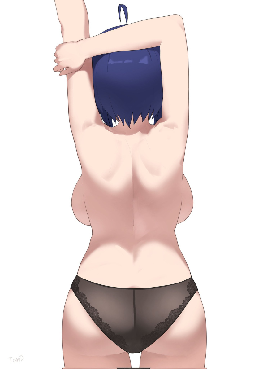 1girls azusa_miura back back_view backboob big_breasts blue_hair breasts female female_only idolmaster light-skinned_female panties rear_view sideboob stretching topless