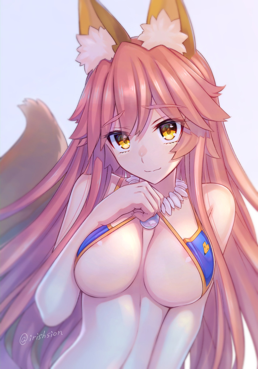 absurdres animal_ear_fluff animal_ears areola_slip areolae bikini blue_bikini blush breasts commentary_request fate/grand_order fate_(series) female fox_ears fox_girl highres jewelry large_breasts lifted_by_self light_smile long_hair looking_at_viewer murasame_shia necklace pink_hair solo swimsuit tail tamamo_no_mae_(fate) tamamo_no_mae_(swimsuit_lancer) very_long_hair yellow_eyes