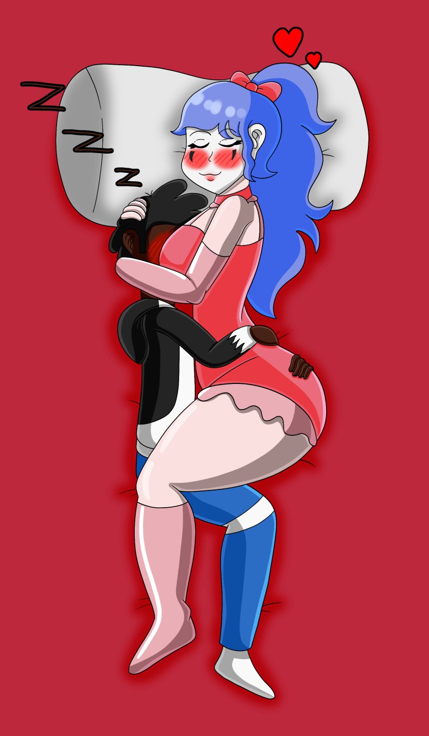 1boy 1girls blue_hair blush bow breasts clown clown_girl corey_(jhedgie08) cute dark-skinned_male dress_up face_between_breasts female friday_night_funkin girlfriend_(friday_night_funkin) heart hug hugging_ass in_bed jacket jamaicanhedgie08 long_hair oc oc_x_canon painted_face pillow sleeping smaller_male soft_gf stockings taller_girl thick_thighs traced wholesome zzz