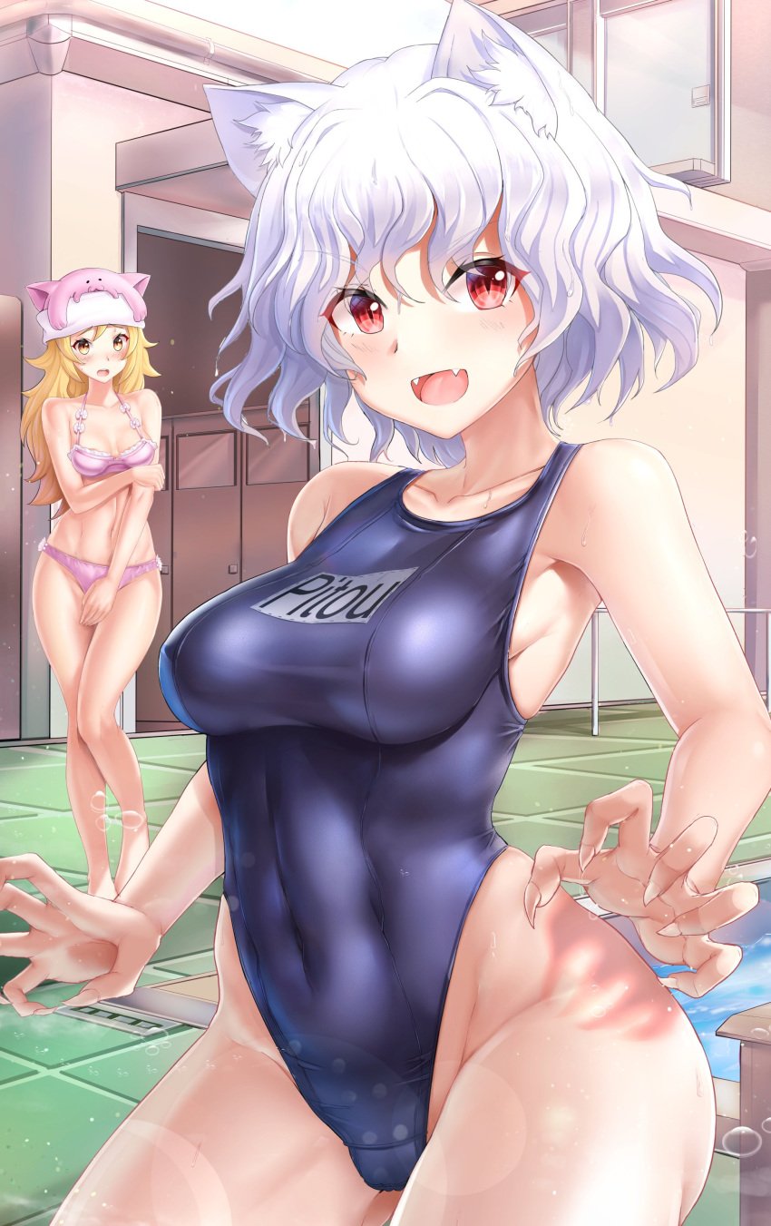 2girls animal_ears blonde_hair blush breasts cameltoe cat_ears chimera_ant claws curvy cute_fangs erect_nipples female female_only hi_res hina_(hunter_x_hunter) humanoid hunter_x_hunter large_breasts long_hair looking_at_viewer neferpitou one-piece_swimsuit open_mouth oxenia pale-skinned_female pale_skin pool red_eyes shiny_skin short_hair shounen_jump solo_focus swimsuit thick_thighs villainess voluptuous wet white_hair wide_hips