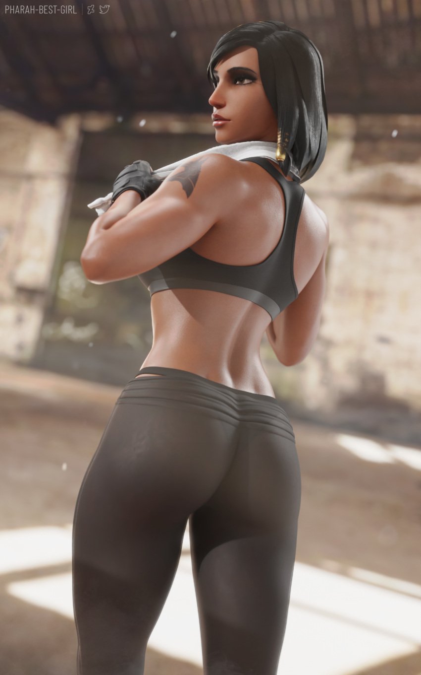 3d black_eyes black_hair blender bra clothing dark-skinned_female dark_skin egyptian female high_resolution looking_away muscle muscular_female overwatch pants pharah pharah-best-girl post_workout see-through self_upload sports_bra sports_uniform sportswear workout_clothes yoga_pants