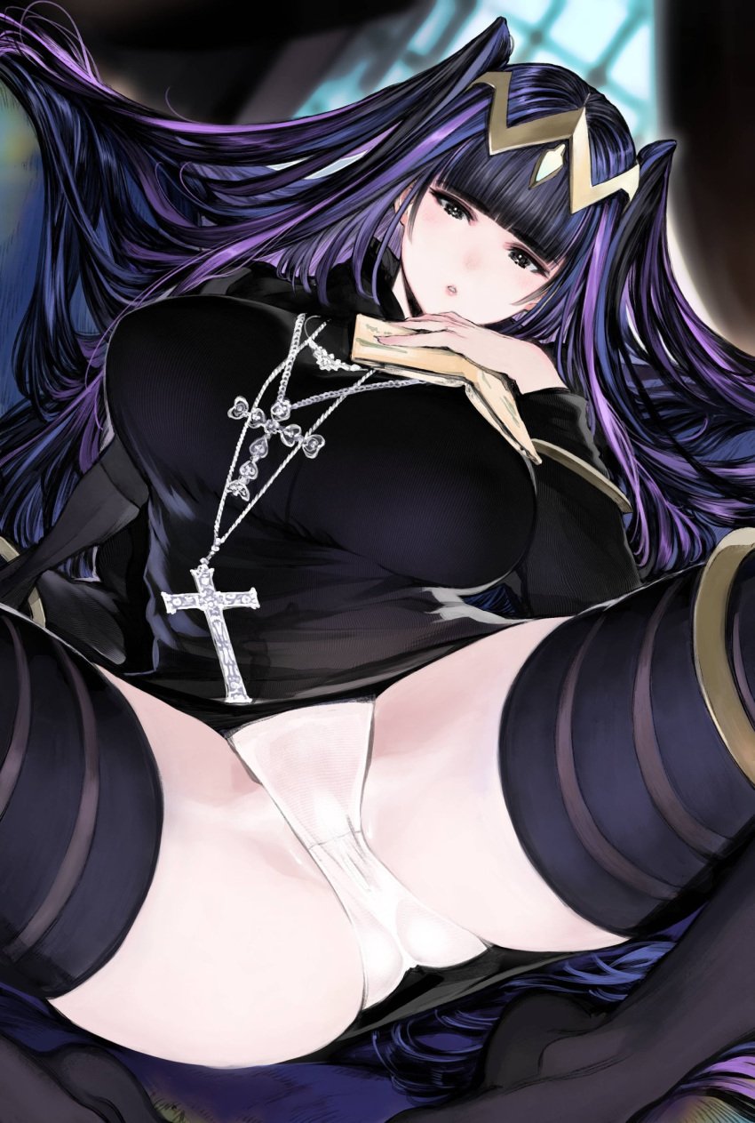 1girls alternate_costume bangs black_dress black_eyes black_hair black_legwear blunt_bangs blurry blurry_background blush book breast_suppress breasts circlet commentary commission cross cross_necklace curtains dress eyebrows_visible_through_hair feet_out_of_frame female female_only fire_emblem fire_emblem_awakening hand_on_own_chest highres holding holding_book houden_eizou jewelry large_breasts lips long_hair looking_at_viewer necklace nintendo nun nun's_habit open_book panties parted_lips partially_visible_vulva plump purple_hair ribbed_dress short_dress skeb_commission solo spread_legs tharja_(fire_emblem) thick_thighs thighhighs thighs two_side_up underwear white_panties window