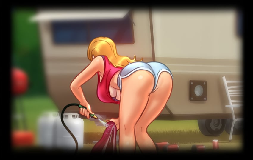 1girls 2d ass ass_focus bending_forward bending_over bent_over big_ass big_breasts blonde_hair booty_shorts bottomwear bra breasts cleaning clothed clothing curvy curvy_body curvy_female curvy_figure darkcookie digital_drawing_(artwork) digital_media_(artwork) ear_piercing earrings female female_focus female_only garden_hose leaning leaning_forward light-skinned_female light_skin long_hair piercing piercings presenting presenting_ass roxxy_(summertime_saga) shiny shiny_ass shiny_skin shirt shorts solo solo_female solo_focus summertime_saga sun sunlight tank_top thick_ass thick_thighs tight_fit tight_pants tight_shorts topwear underboob