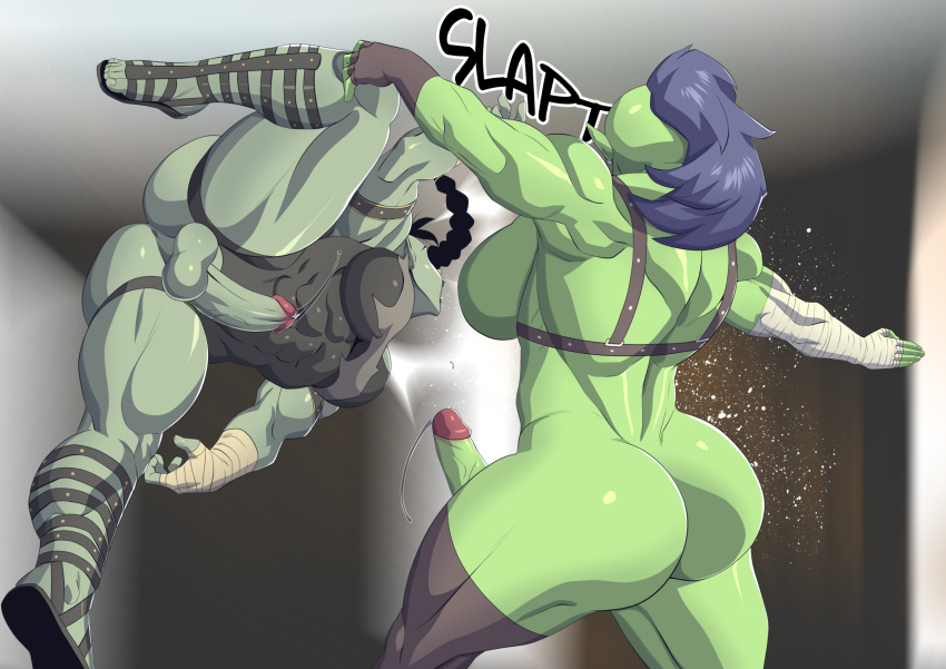 2futas arena ass balls big_breasts big_penis black_hair black_hair_bottom blue_hair blue_hair_on_black_hair blue_hair_top braided_ponytail breasts dazed dizzy domination duo erect_penis erection fight fighting futa_only futanari green_skin hair_grab humanoid light_hair_on_dark_hair long_hair muscular muscular_futanari muscular_thighs orc orc_futanari penis ponytail precum precum_string slapping spit thick_ass thick_thighs van_brand_artworks vanbrand yellow_eyes