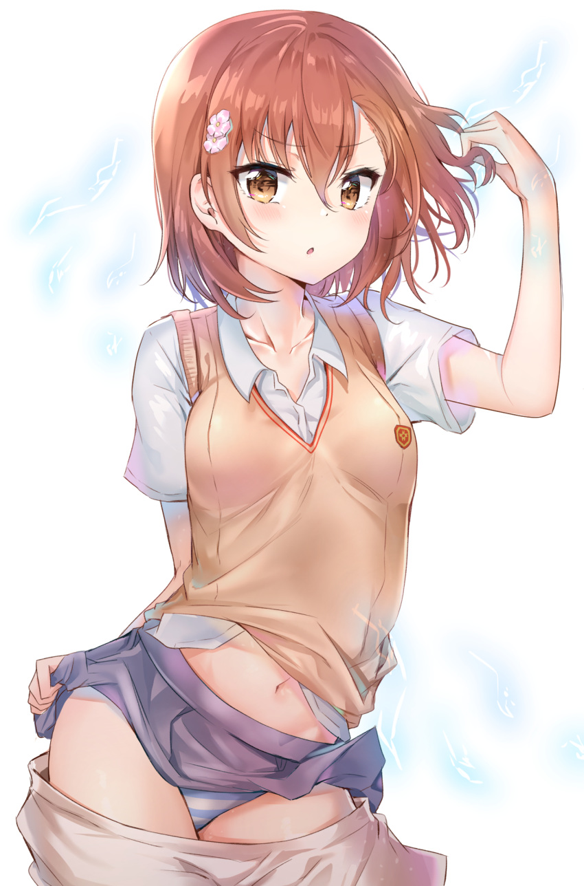 10s 1girls 2018 biribiri blush breasts clothes_lift collared_shirt cowboy_shot cute electricity electrokinesis eyebrows_visible_through_hair female hair hair_flower hair_ornament highres lifted_by_self misaka_mikoto navel pantyshot school_uniform schoolgirl shirt small_breasts solo solo_female sunhyun teenage_girl teenager to_aru_kagaku_no_railgun to_aru_majutsu_no_index tokiwadai_school_uniform v-shaped_eyebrows white_background young