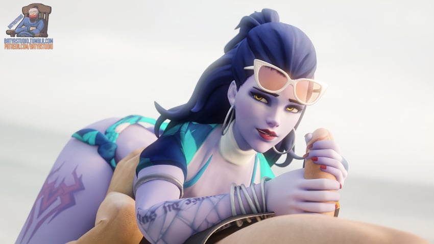 3d 69 alternate_costume batyastudio blender cote_d'azur_widowmaker earrings erection female handjob hoop_earrings looking_at_viewer male overwatch penis straight widowmaker