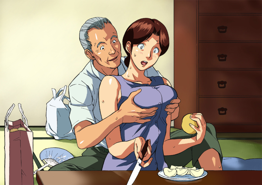 apple apples bag black_hair blush breast_grab breast_squeeze breasts brown_hair cirima fan food fruit grey_hair groceries hikaru_no_go holding holding_apple holding_fruit housewife knife large_breasts mature milf mitsuko_sanrakugaki old_man on_floor open_mouth peeling sack shindou_heihachi shindou_mitsuko short_hair sitting sitting_on_lap sitting_on_person smile spread_legs surprised sweat table volvox