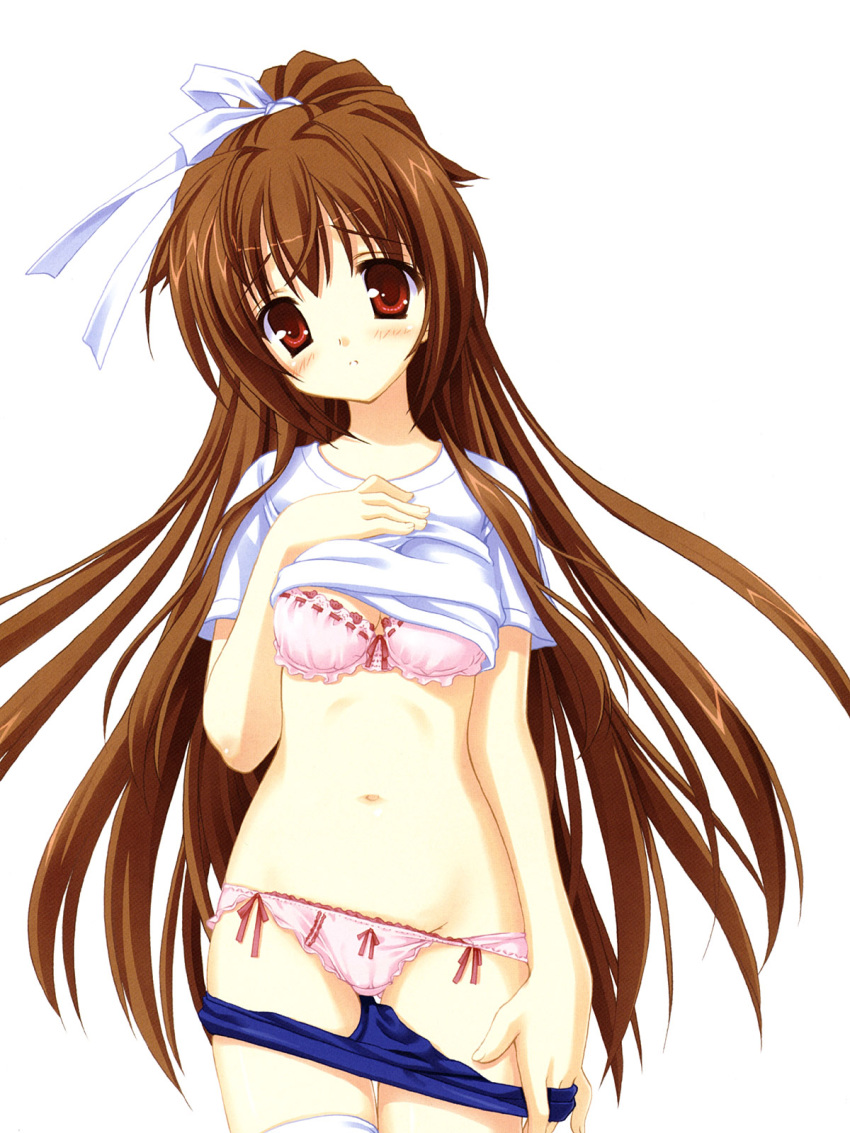 bloomers bloomers_pull blush bra bra-ban! brown_hair buruma gym_uniform hair_ribbon hi_res kobuichi lingerie long_hair looking_at_viewer nakanoshima_tae panties pink_underwear ponytail red_eyes ribbon ribbons scan shirt_lift simple_background standing tareme thighhighs tied_hair underwear undressing