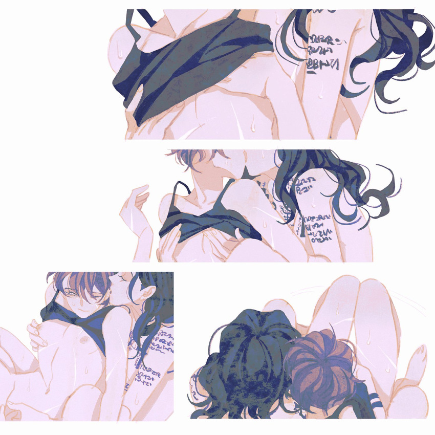 2girls arm_tattoo black_camisole bottomless breasts brown_hair camisole closed_eyes grabbing grabbing_another's_breast highres kissing long_hair luoman19921 multiple_girls nipple_tweak nipples original short_hair simple_background small_breasts sweat tattoo white_background yuri