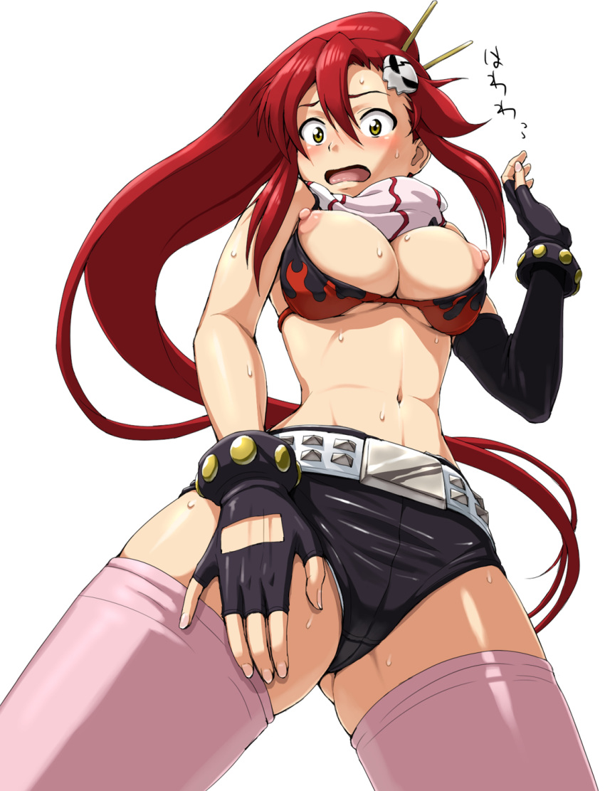 bikini_top blush breasts erect_nipples gloves hi_res long_hair nigou nipple_slip nipples ponytail puffy_nipples red_hair shorts sweat swimsuit tengen_toppa_gurren-lagann tengen_toppa_gurren_lagann thighhighs tied_hair yoko_littner