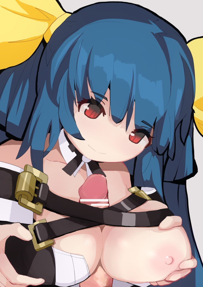 1boy absurdres areolae bangs bar_censor bare_shoulders belt blue_hair breast_grab breasts choker cleavage collarbone detached_collar detached_sleeves dizzy_(guilty_gear) eyebrows_visible_through_hair female grabbing guilty_gear guilty_gear_xrd hair_ornament hair_ribbon hair_rings hand_on_own_chest highres kitami_tsuzuka large_breasts long_hair looking_down nipples paizuri paizuri_under_clothes penis red_eyes ribbon solo_focus straight twintails upper_body yellow_ribbon