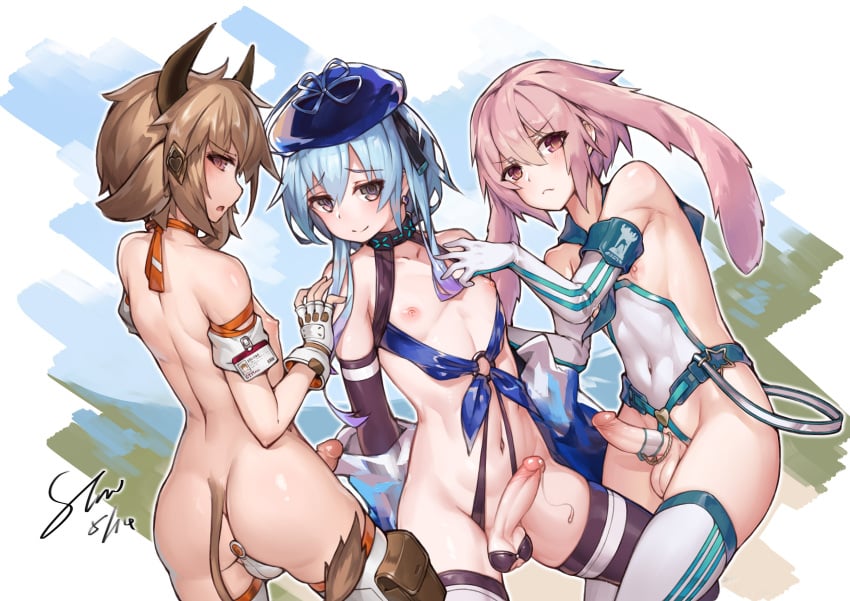 3boys animal_ears ansel_(arknights) arknights armband ass ball_bra bison_(arknights) blue_hair blue_headwear brown_hair closed_mouth covered_navel cow_boy cow_ears cow_horns cow_tail earrings elbow_gloves erection femboy fingerless_gloves girly gloves hair_between_eyes hat highres horns jewelry looking_at_viewer male male_focus male_only mizuki_(arknights) multiple_boys navel nipples otoko_no_ko penis pink_hair precum rabbit_ears smile stmaster tail testicles thighhighs trap uncensored white_gloves