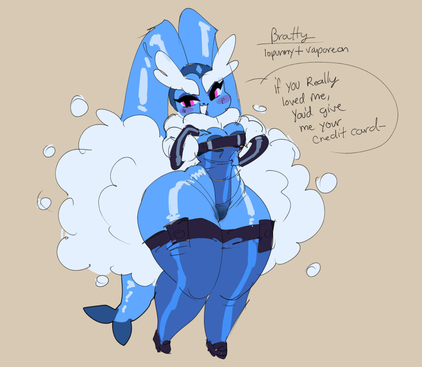 :3 anthro anthrofied big_ass big_breasts blue_body blue_nipples blush bunny_ears cleavage dedoggyskullz dialogue eeveelution elbow_gloves english_text female female_focus female_only female_pokemon fish_tail fluffy gloves hybrid latex latex_gloves leotard lingerie long_eyelashes lopunny nintendo nipples pink_eyes pokémon_(species) pokemon pokemon_(species) pokemon_hybrid pokemon_only see-through_clothing smile tagme tail text text_bubble thick thick_thighs thighhighs vaporeon vaporunny vaporunny_(dedoggyskullz) wide_hips