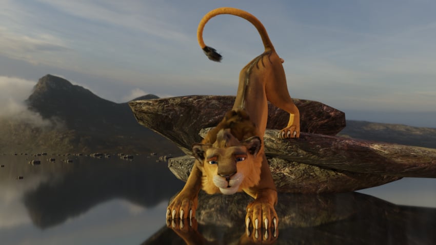 3d_(artwork) animal_genitalia balls bigcat blender_(software) claws digital_media_(artwork) felid feline felis feral fur genitals hair lion male mammal mane pantherine paws realistic ruark solo stretching