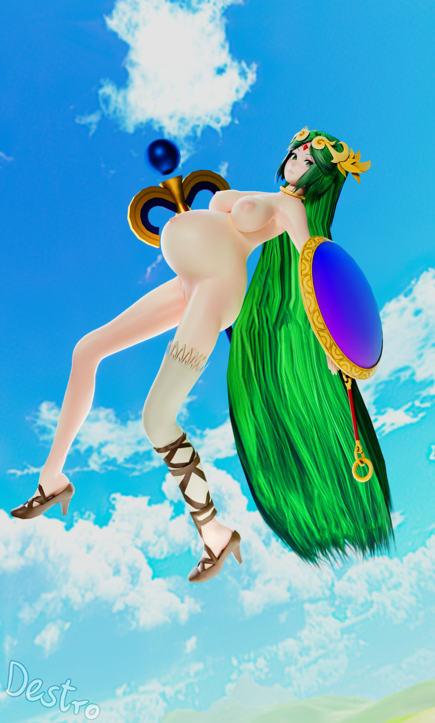 1girls big_breasts breasts female female_only green_eyes green_hair hdddestroyer kid_icarus long_hair looking_at_viewer palutena partially_clothed pregnant shield staff tiara