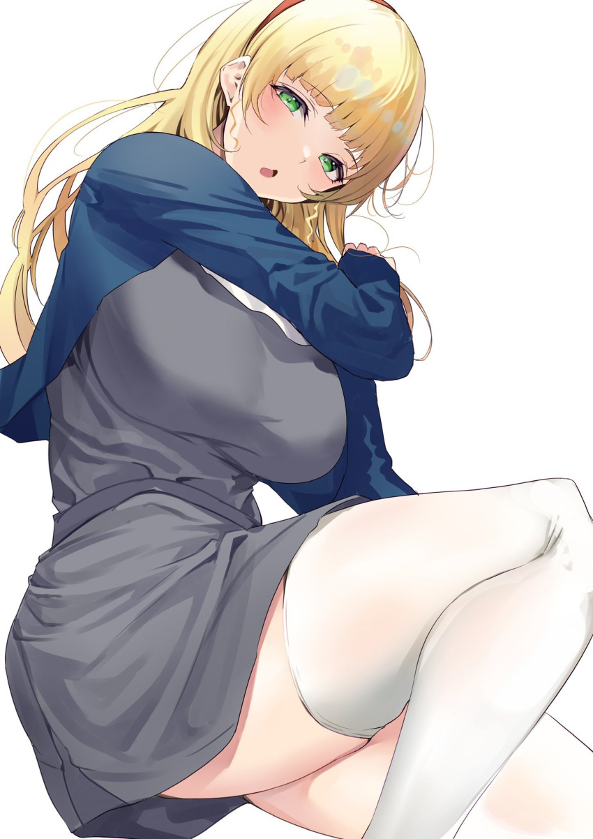 1girls annoyed ass big_ass big_hips blonde_hair breasts female female_only fully_clothed green_eyes hair_ornament heanna_sumire hips looking_at_viewer love_live! love_live!_superstar!! nervous nipple_bulge school_uniform tight_clothing white_background yamasonson