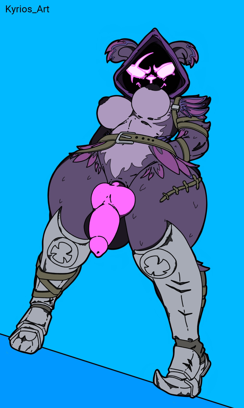 1futa angry anthro armored_boots big_breasts canine_genitalia canine_penis flat_colors fortnite fortnite:_battle_royale futanari hoodie knot knotted_penis kyrios_art looking_down purple-skinned_futanari raven_team_leader simple_background solo thick_thighs wide_hips