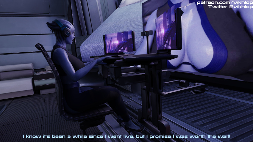 1girls 3d asari big_breasts blender comic_panel english_text female female_only headphones liara_t'soni mass_effect omni-tool partially_clothed solo streamer streaming sweat text vikhlop x-ray