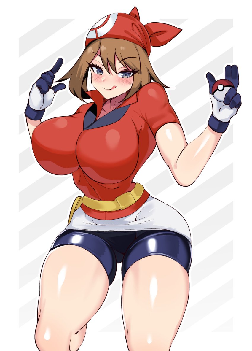 1girls :p bandana big_breasts bike_shorts blue_eyes breasts brown_hair eye_contact fully_clothed game_freak gloves looking_at_viewer may_(pokemon) nintendo pokemon pokemon_rse seductive_eyes shiny_skin shorts thick_thighs thighs tight_clothing titty_pocket volyz