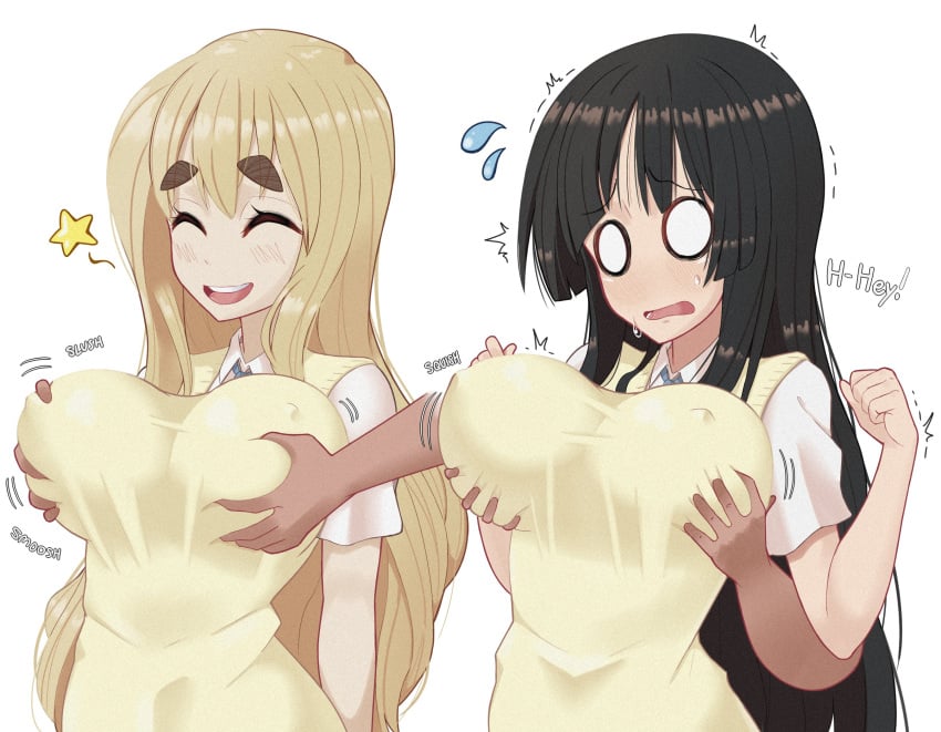 2girls big_breasts black_hair blonde_hair breast_grab groping groping_from_behind k-on! large_breasts long_hair mio_akiyama_(k-on!) multiple_girls nipple_bulge school_uniform schoolgirl tsumugi_kotobuki_(k-on!) young_savage