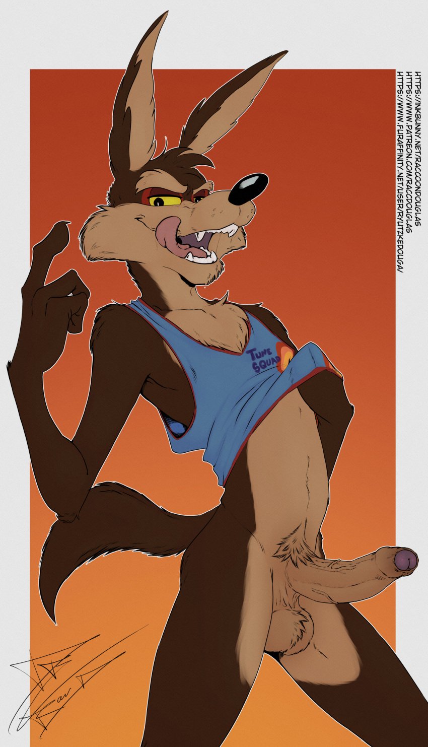 absurd_res anthro balls bottomless canid canine canis clothed clothing coyote erection foreskin genitals hi_res humanoid_genitalia humanoid_penis licking licking_lips looney_tunes male mammal penis raccoondouglas raised_clothing raised_topwear smooth_fur solo space_jam tongue tongue_out topwear warner_brothers wile_e._coyote