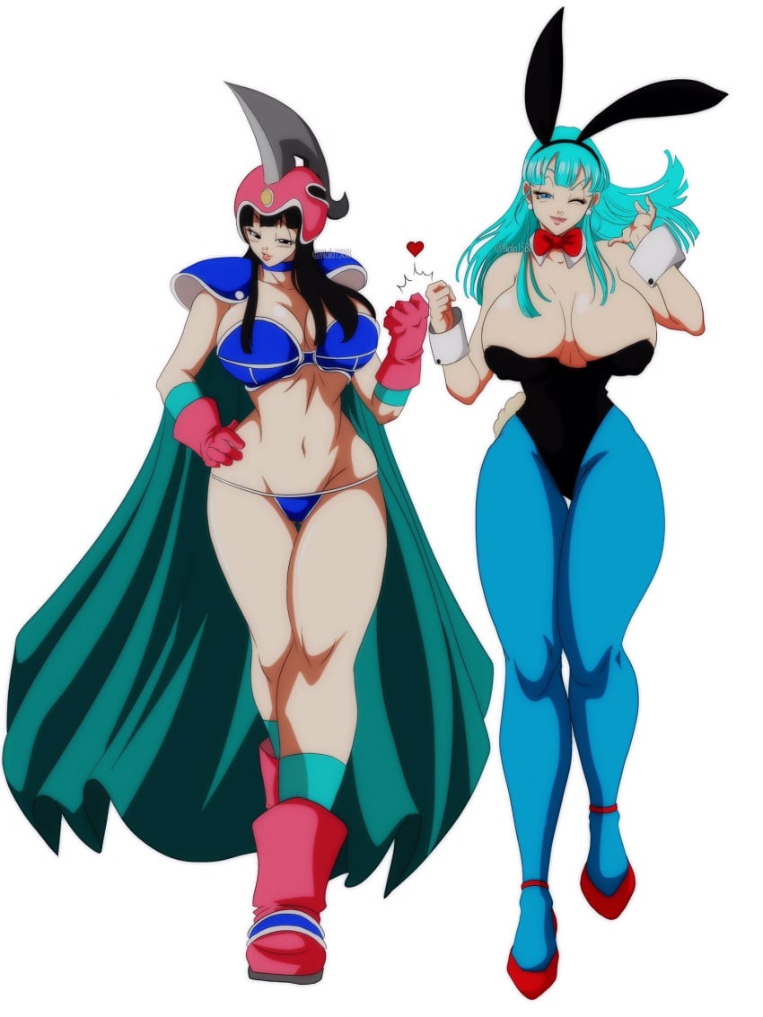 2girls armor big_breasts bimbo_body black_hair blue_pantyhose boots bowtie bulma_(bunny) bulma_briefs bunny_costume bunny_ears bunny_tail bunnysuit chichi chichi's_armor chichi's_helmet cloak detached_collar dragon_ball dragon_ball_(classic) female female_only fist_bump gloves green_hair heels helmet hi_res light-skinned_female light_green_hair light_skin long_hair looking_at_viewer nala1588 narrowed_eyes neck_ribbon pantyhose shounen_jump smiling smiling_at_viewer teenage_bulma voluptuous white_background wink wrist_cuffs