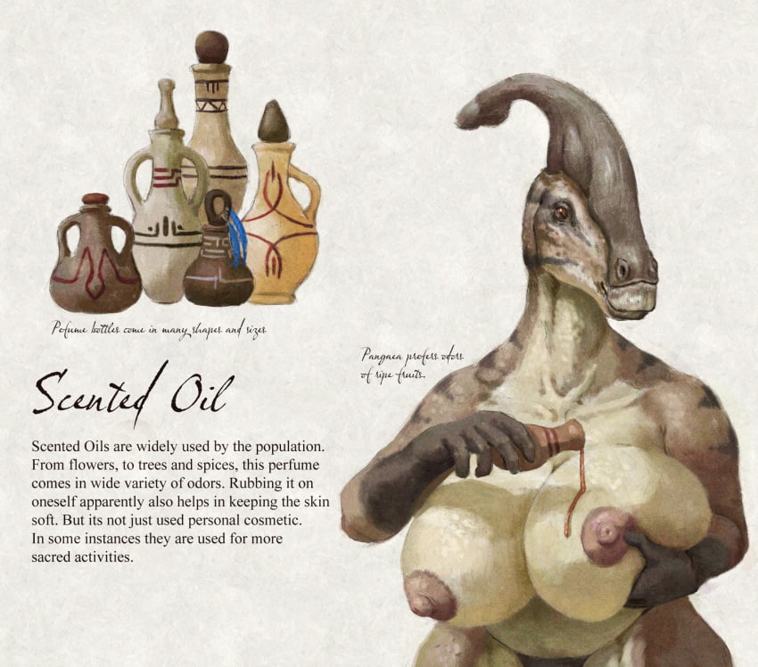 anthro beak big_breasts breast_squeeze breasts dinosaur female hadrosaurid hi_res horn nipples nude ornithischian pangaea_(upai) parasaurolophus reptile scalie solo text upai