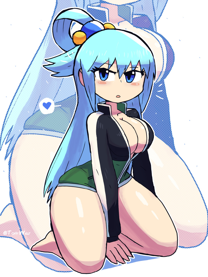 1girls aqua_(konosuba) big_breasts blue_eyes blue_hair blush breasts eye_contact female female_focus female_only kono_subarashii_sekai_ni_shukufuku_wo! long_hair looking_at_viewer solo spoken_heart thick_thighs tony_welt