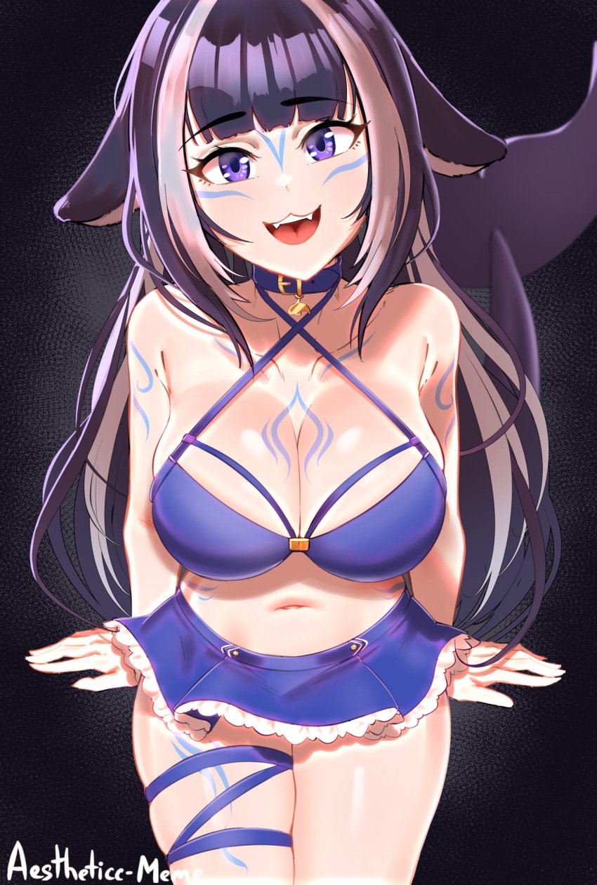 aestheticc-meme bikini bikini_skirt black_hair blue_bikini breasts chussy cleavage collar indie_virtual_youtuber large_breasts long_hair looking_at_viewer midriff multicolored_hair navel open_mouth purple_eyes shylily sitting skirt smile swimsuit tail tattoo thick_thighs thigh_strap thighs two-tone_hair very_long_hair virtual_youtuber whale_tail white_hair