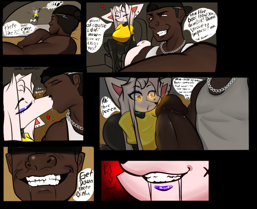 1boy 1girls cock_worship dark-skinned_male gangster high_heels huey_atalin kissing slobber succubus succubus_demon thick_ass thick_thighs throbbing_penis yellow_shirt