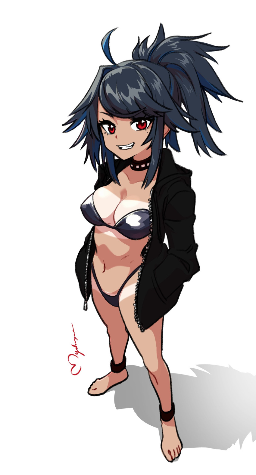 ahoge bikini black_bikini black_hair breasts choker hoodie kson_onair large_breasts looking_at_viewer messy_hair mole mole_under_eye myahogao ponytail red_eyes short_hair smile swimsuit tan_skin tanline thong virtual_youtuber vshojo