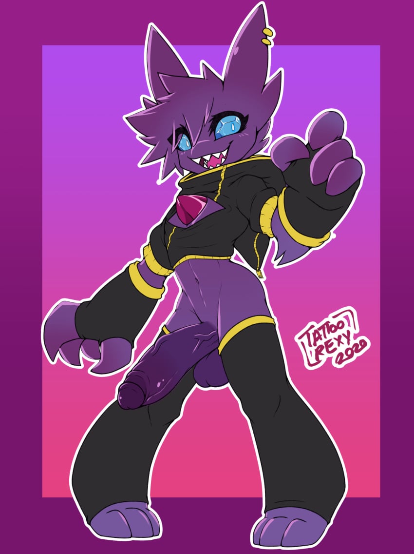 anthro balls big_hands big_penis blue_eyes clothed clothing crop_top ear_piercing ear_ring erection fingerless_gloves front_view gem generation_3_pokemon genitals gloves hair handwear hi_res huge_cock humanoid_genitalia humanoid_penis legwear looking_at_viewer male nintendo no_underwear penis piercing pokemon pokemon_(species) purple_body purple_hair ring_piercing sableye sharp_teeth shirt small_but_hung smile solo tattoorexy teeth thigh_highs topwear vein veiny_penis