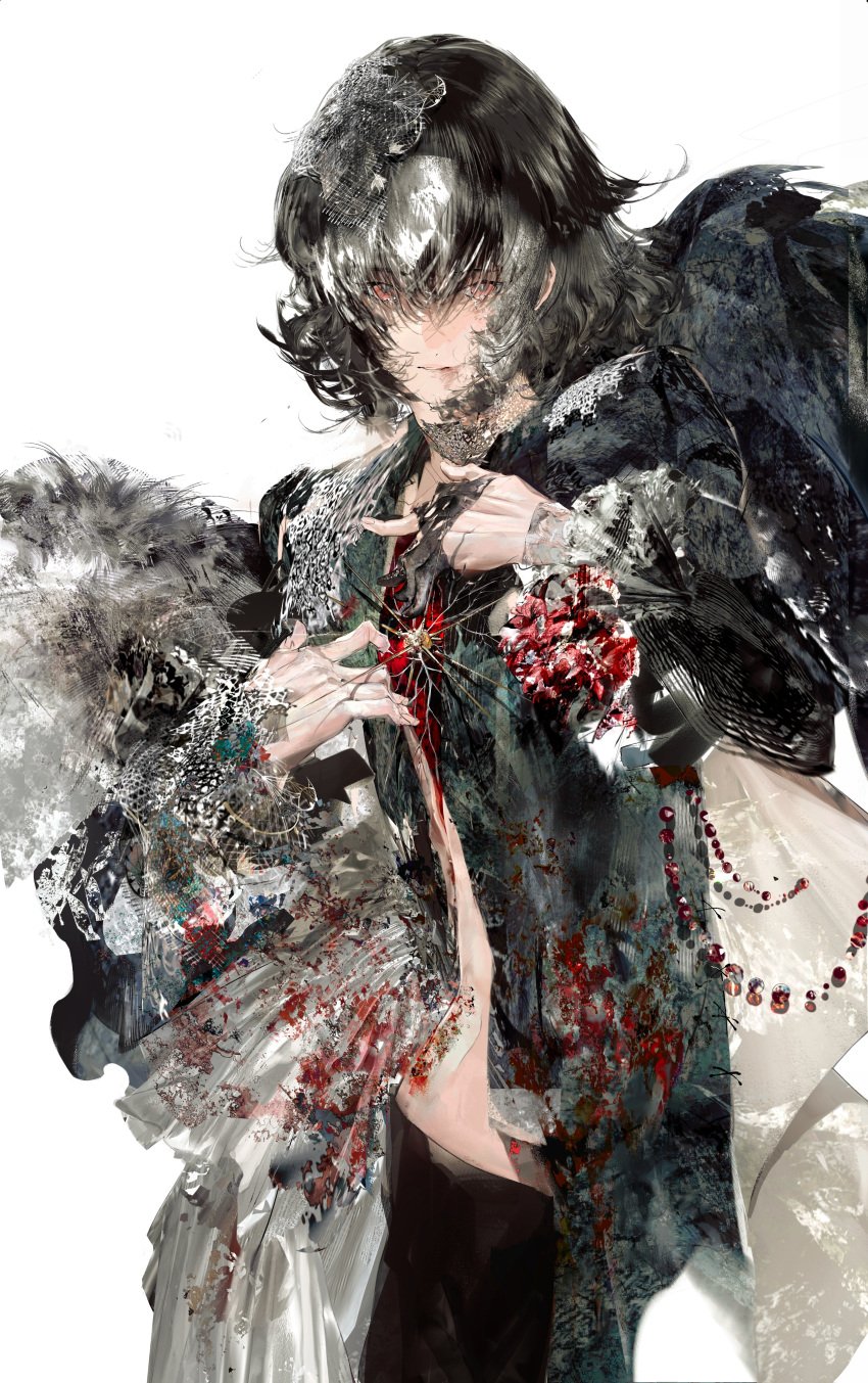 absurdres black_hair black_pants black_shirt blood blood_on_clothes chinese_commentary commentary_request cowboy_shot female guro hair_between_eyes highres kui_(necessarytothink) long_sleeves looking_at_viewer necessarytothink original pants procreate_(medium) red_eyes shirt short_hair simple_background solo white_background