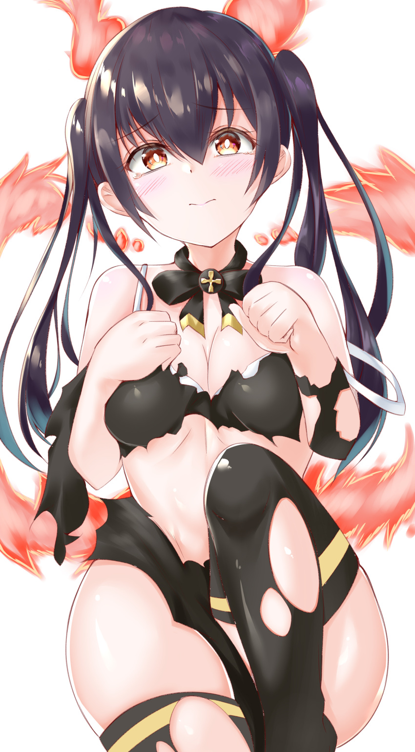 3: absurdres ass bangs bare_shoulders black_hair black_legwear black_ribbon black_robe blush bra breasts cleavage clenched_hand commentary_request cowboy_shot enen_no_shouboutai eyebrows_visible_through_hair female fire fire_force hair_between_eyes hand_on_own_chest head_tilt highres knee_up kotatsu_tamaki looking_at_viewer medium_breasts micosivaa midriff neck_ribbon off_shoulder orange_eyes ribbon sidelocks simple_background solo tail tearing_up tears thighhighs torn_clothes torn_clothing torn_legwear torn_robe twintails underwear white_background white_bra