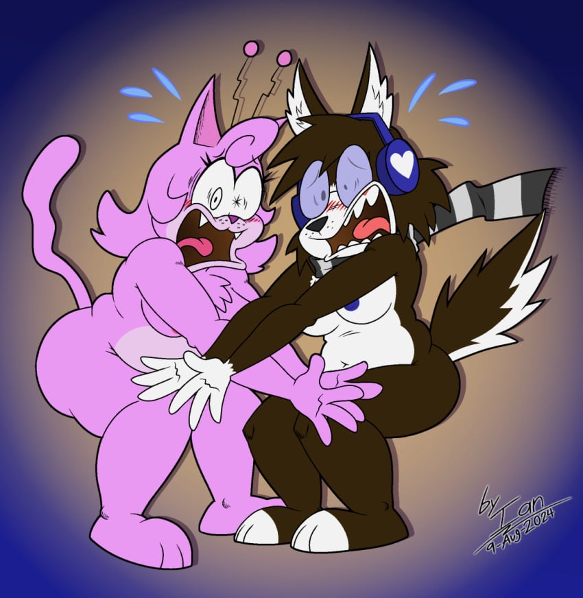 2d 2girls anthro breasts canine chubby chubby_female digital_media domestic_cat domestic_dog embarrassed_nude_female feline female female_only full_body furry hybrid jieze_(jieze) multiple_girls nipples nudity oc original plantigrade skunk trans_woman transfem