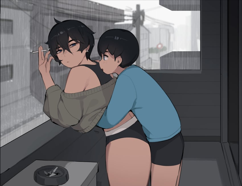 1boy 1girls age_difference aunt aunt_and_nephew cigarette disinterested female incest indifference indifferent light_skin male milf nephew older_female older_female_and_younger_male pepper0 raining short_hair smaller_male smoking unbothered uncaring unenthusiastic wholesome younger_male