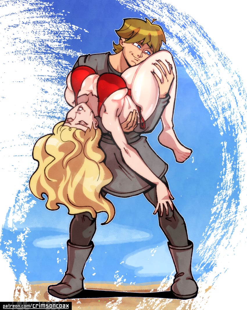 1boy 1girls barefoot bikini_strings blonde_female blonde_male blue_eyes blue_eyes_male boots carrying_partner closed_eyes clothed clouds collarbone crimsoncoax desert female grey_clothing hands_on_back hands_on_leg lips_parted long_hair_female luke_skywalker male male_and_female_focus mary_(star_wars_(marvel_1977)) patreon_url red_bikini red_swimsuit rubbing_face star_wars_(marvel_1977) star_wars_legends tatooine thick_thighs two_piece_swimsuit unconscious unconscious_female upside-down