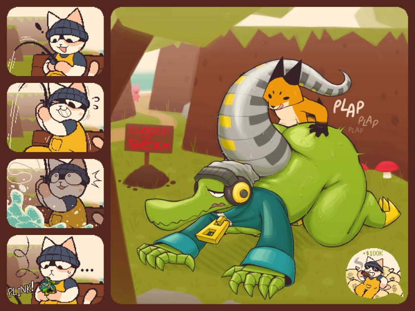 alligator alligatorid anthro ass bag bait_fox_(webfishing) beach beanie bench big_butt big_zipper bodily_fluids butt_grab canid canine cigar claws clothed clothing cloud crocodilian cropped_jacket cybernetics cyborg detailed_background digital_drawing_(artwork) digital_media_(artwork) dirt doggy_style domestic_cat electronics ellipsis exclamation_point felid feline felis fishing fox from_behind_position fungus grass green_body group hand_on_butt hat headgear headphones headwear heart_symbol hi_res hill jacket latch lethal_league machine male male/male mammal money money_bag mushroom nipples nude on_ground open_mouth orange_body overalls overcast pecs plant plap reptile rock scalie sea sex sign sky smile smoking smoking_cigar splash surprised sweat tail topwear tree water webfishing zipper zlut385