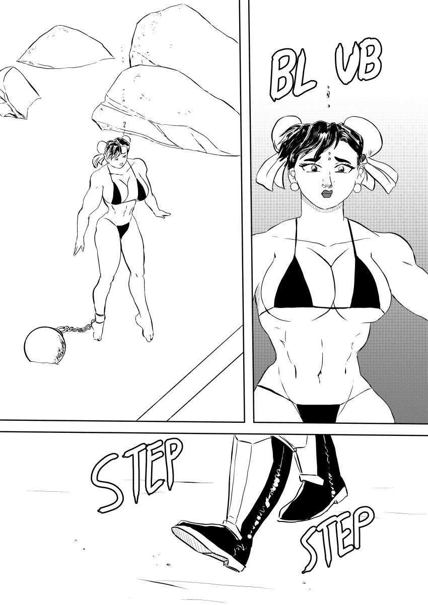 1boy 1girls ball_and_chain capcom chun-li comic drtoxic female m_bison male monochrome street_fighter tagme underwater