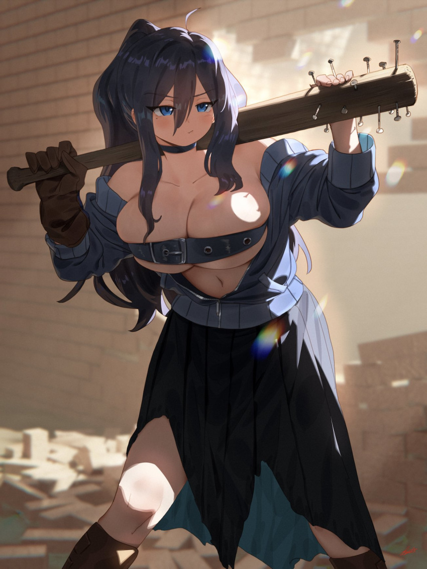 baseball_bat beltbra big_breasts blue_eyes blue_hair choker nails original_character ponytail rubble ryusei_hashida spiked_bat thighs