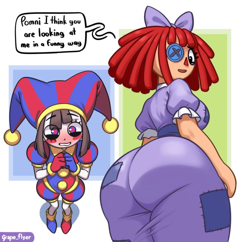 ass ass_in_dress big_ass big_butt blush button_eye button_eyes doll doll_girl dress grape_flyer jester jester_hat jester_outfit looking_at_another looking_back looking_back_at_viewer looking_down looking_up oblivious ogling pomni_(the_amazing_digital_circus) ragatha_(the_amazing_digital_circus) softygear staring staring_at_another staring_at_ass staring_at_partner staring_down the_amazing_digital_circus tight_clothes tight_clothing tight_dress white_skin