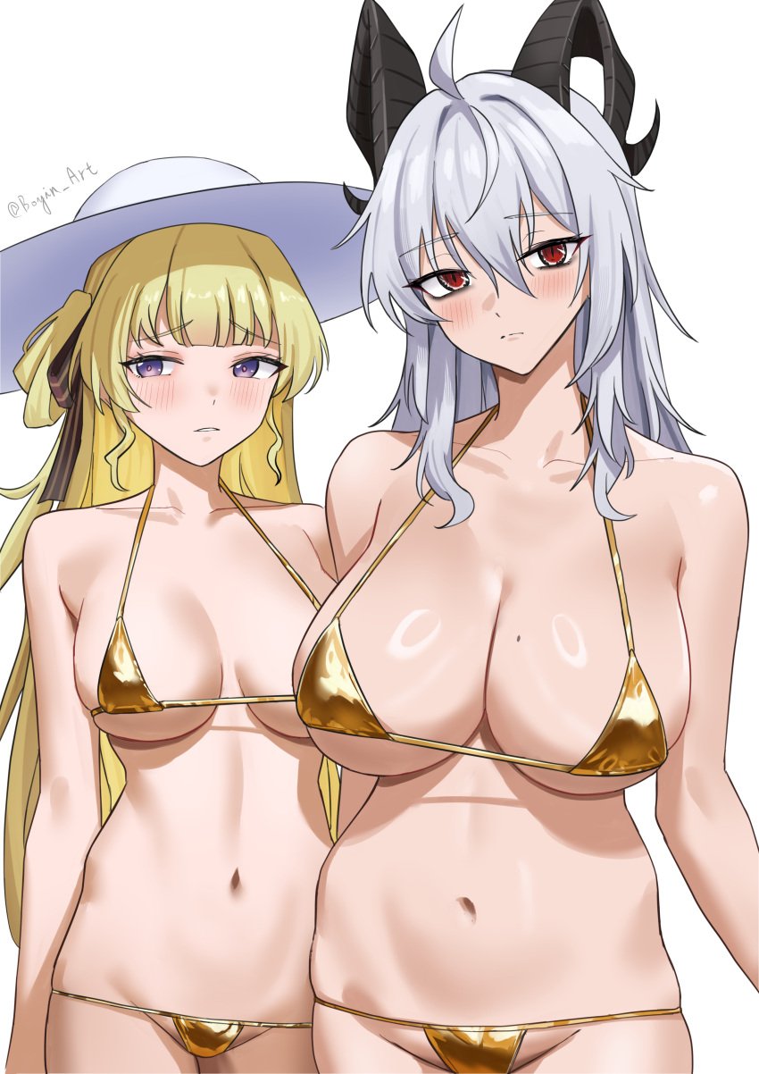 2girls absurdres alternate_costume bare_shoulders bikini black_bow black_horns blonde_hair blush bow boyin breasts closed_mouth collarbone curled_horns gold_bikini grey_hair groin hair_between_eyes hairbow hat highres horns large_breasts long_hair looking_at_viewer multiple_girls navel parted_lips phoebe_(wuthering_waves) purple_eyes red_eyes simple_background stomach swimsuit white_background white_hat wuthering_waves zani_(wuthering_waves)