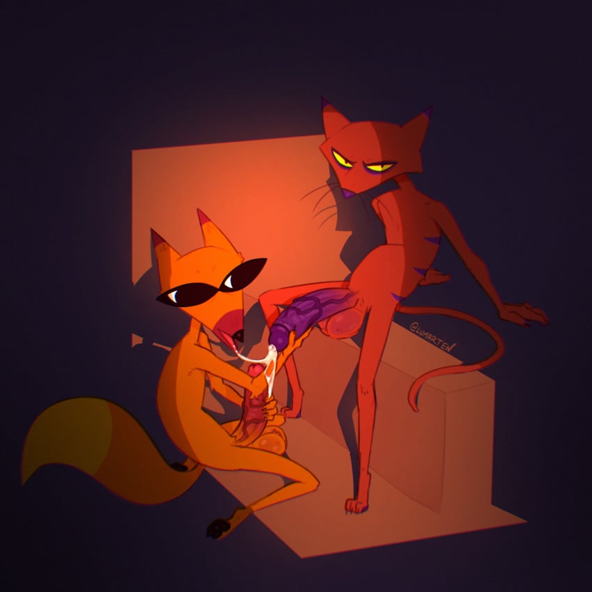 anthro balls big_balls big_penis bodily_fluids canid canine cartoon_network courage_the_cowardly_dog cum cum_in_mouth cum_inside cum_on_arm cum_on_tongue digital_media_(artwork) domestic_cat duo erection felid feline felis fellatio fondling fox fur genital_fluids genitals hi_res huge_balls huge_cock humanoid_genitalia humanoid_penis katz_(courage_the_cowardly_dog) kneeling kneeling_oral_position lumarten male male/male mammal masturbation messy nude open_mouth oral penile penis sex tail the_cajun_fox tongue