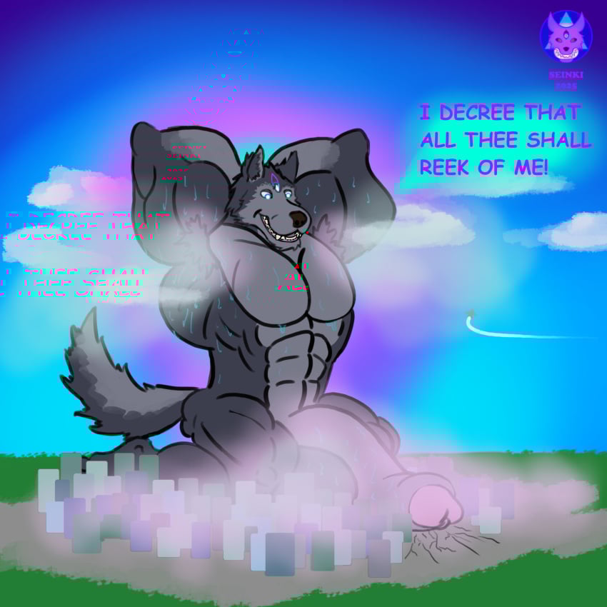 abs armpit_hair big_muscles big_penis bodily_fluids body_hair canid canine canis city cityscape cloud deity genitals hi_res huge_cock huge_muscles macro male mammal muscular musk musk_clouds pecs penis seinki sky solo sweat sweatdrop wolf