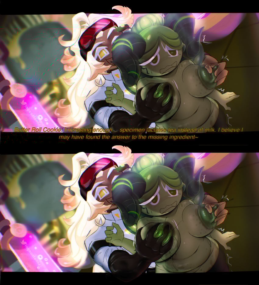 1boy 1girls absurd_res background blonde_hair blush blushing_female blushing_profusely boobs_out boobs_pressed breast_grab breast_milk_squirt breast_milking breast_squeeze breast_squish breasts breasts_out butter_roll_cookie chubby chubby_belly chubby_female confused confused_look confusion cookie_run cookie_run_kingdom cookie_run_ovenbreak devsisters english_text experiment female freckles freckles_on_breasts freckles_on_shoulders freckles_on_thighs full_color gloves goggles goggles_on_head green_areola green_body green_eyes green_hair green_nipples green_skin grope_from_behind groping groping_breast groping_breasts groping_from_behind high-angle_view laboratory lactating lactation lagoontoons lewdlagoon male matcha_cookie one_glove pinch pinching_nipple pinching_nipples science_lab shaking shocked shocked_expression shocked_face shortstack smiling_at_partner subtitled thick_thighs unusual_bodily_fluids unusual_breast_milk