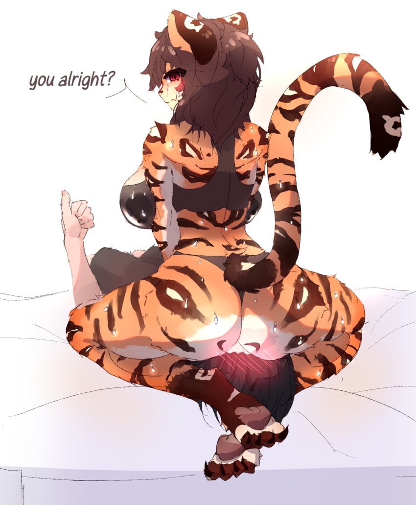 2023 anthro ass big_breasts blush bodily_fluids breasts duo english_text facesitting felid female female_facesitting_male hi_res human human_on_anthro interspecies male male/female mammal pantherine simple_background sitting_on_another speech_bubble sweat taigazkr text tiger torao_(taigazkr) white_background