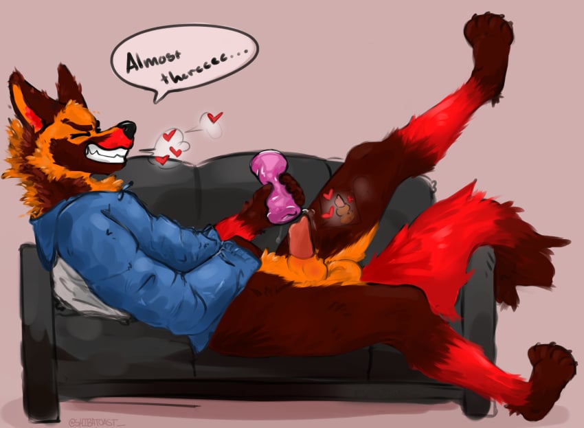 absurd_res animal_genitalia anthro arm_tuft ball_tuft balls bodily_fluids bottomless canid canine cheek_tuft clenched_teeth clothed clothing dialogue dialogue_box edging edging_display elbow_tuft facial_tuft feet femboy fluffy fluffy_chest fluffy_ears fluffy_hair fluffy_tail fox furniture genital_fluids genitals hair heart_symbol hi_res hoodie hoodie_only knot knotting male mammal masturbating_under_clothing masturbation neck_tuft paws penetrable_sex_toy precum sex_toy shaded sheath shibatoast skinny_male slim small_waist sofa solo speech_bubble tail teeth text topwear topwear_only true_fox tuft